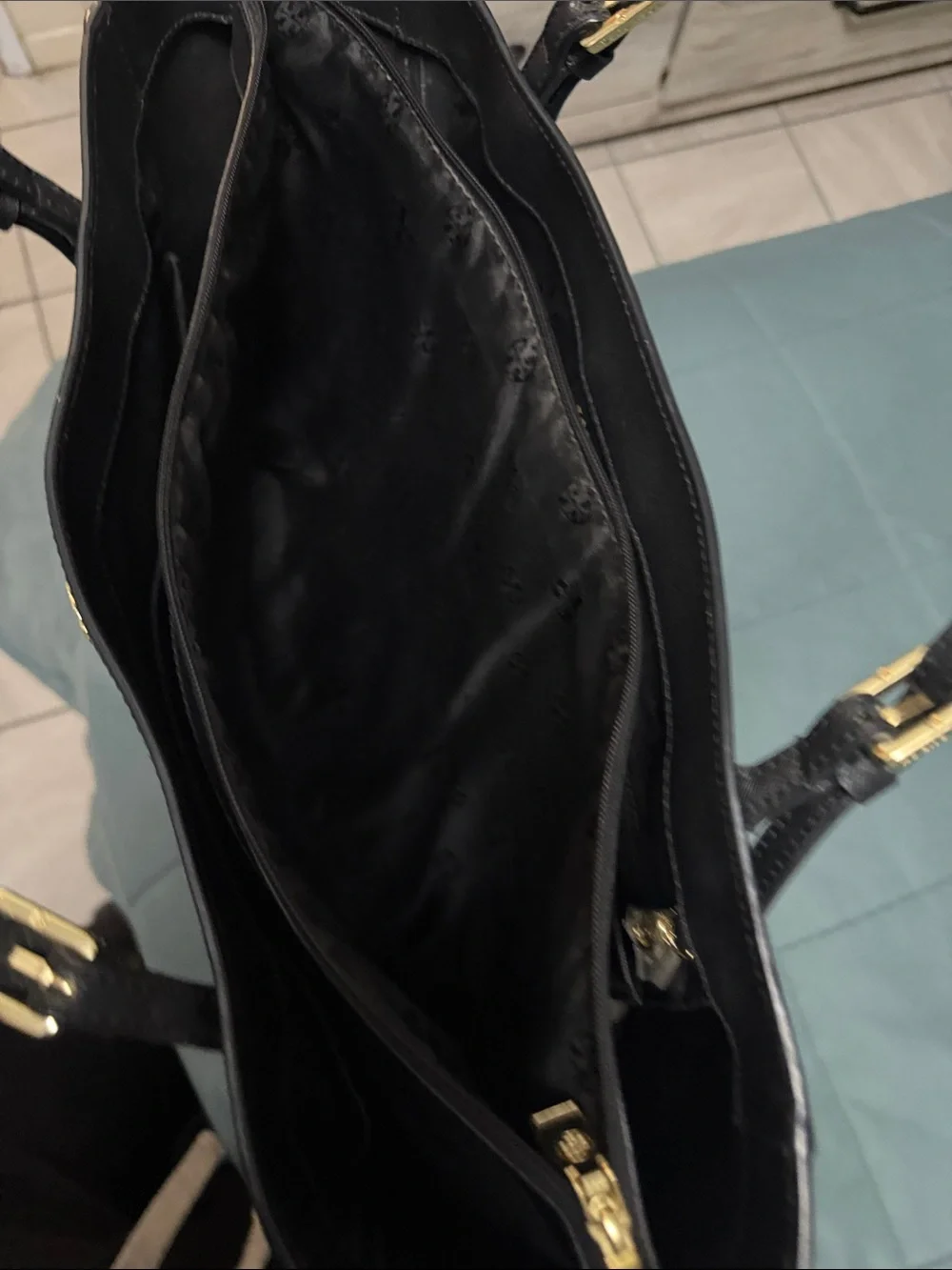 Tory Burch Black Saffiano Leather Shoulder Tote with Gold Logo